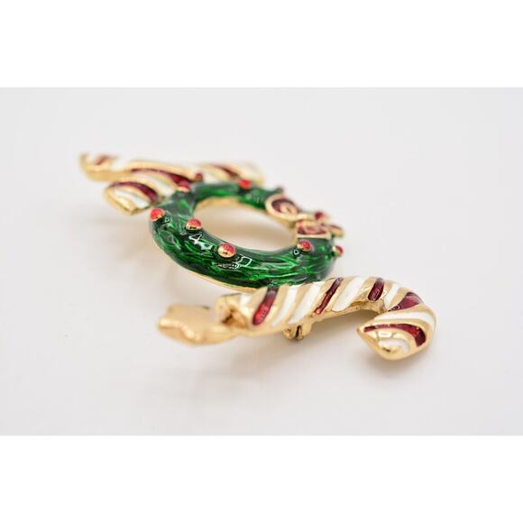 Vintage Christmas JOY Pin Brooch Wreath Enamel Candy Cane Holiday NOS 80s BinA9 - Picture 9 of 12